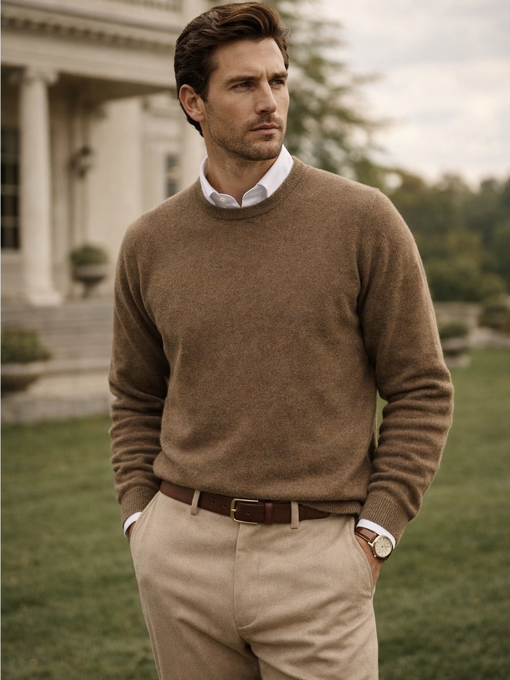 The Commons 100% Cashmere Sweater Crew Neck Mens XLarge Khaki Knit Pullover